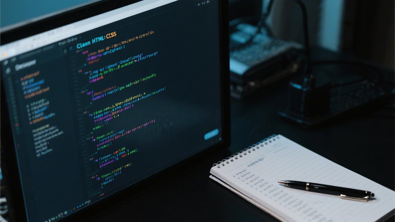 Close view of a developer screen showing clean HTML and CSS code with a dark theme, next to a notepad with structured content outline and a pen.