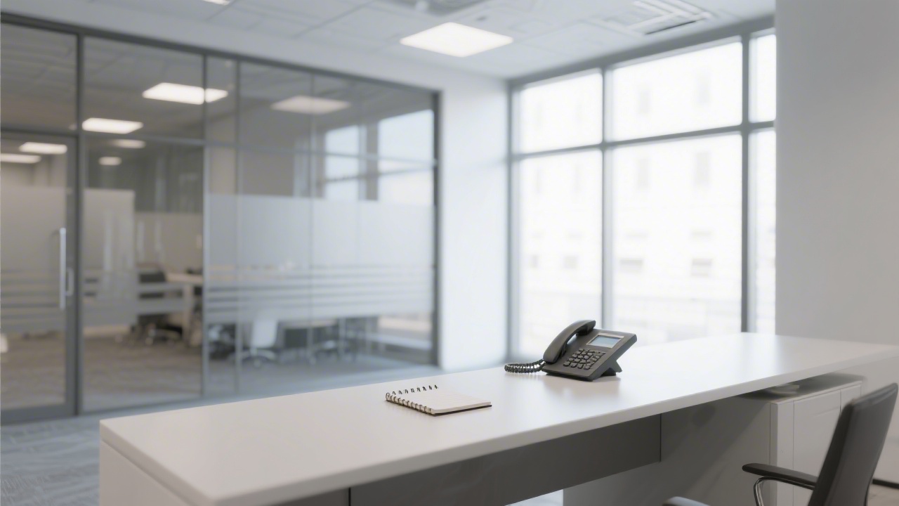 Clean office lobby with a minimalist desk, a phone and a notepad, large window light and industrial materials, representing a professional contact point.