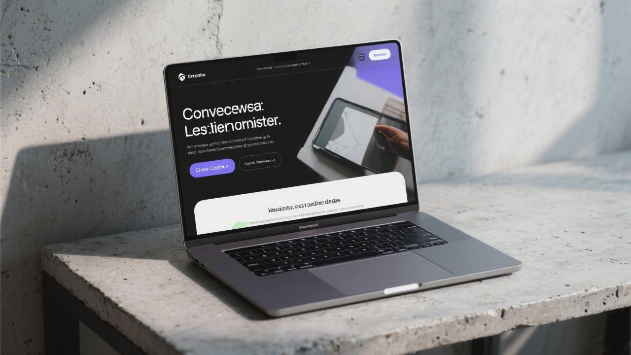 Laptop on a concrete desk displaying a single-page layout with large headings, clear CTA buttons and minimal imagery, reflecting a conversion-focused landing page design.