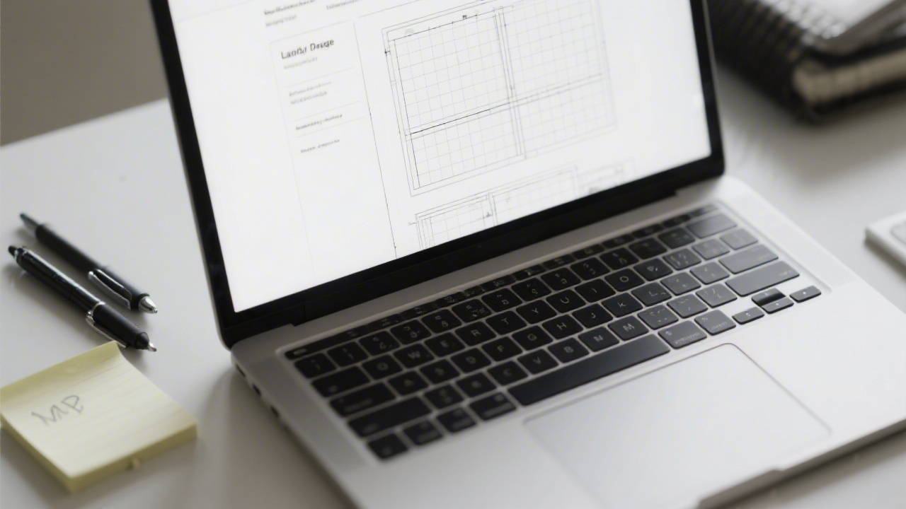 Close-up of a laptop showing monochrome wireframes and grid layout for a landing page, with notes and pens nearby, representing structured MVP design planning.